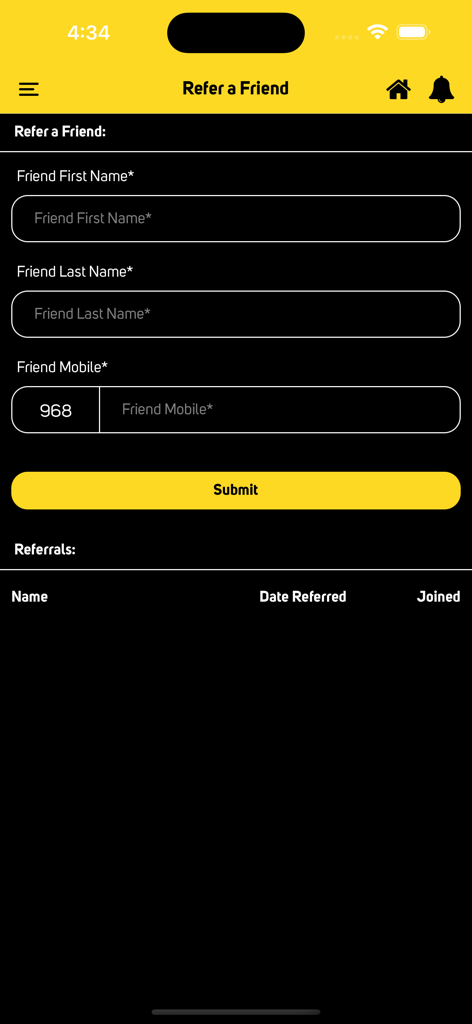 My Horizon Fitness - The refer a friend screen of the My Horizon Fitness app featuring a form for friend details and a list of existing referrals.
