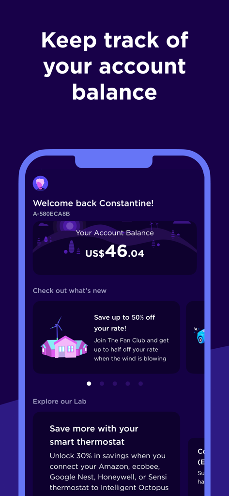 Octopus Energy app interface showing a user account balance and energy saving promotions