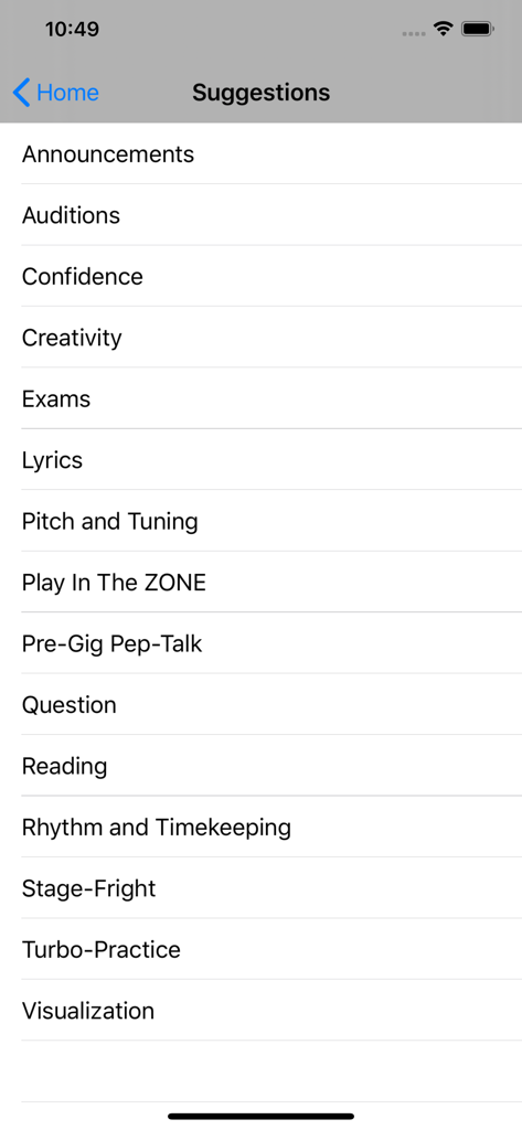 Musicians Hypnosis - Suggestions menu in the Musicians Hypnosis app showing performance enhancement topics