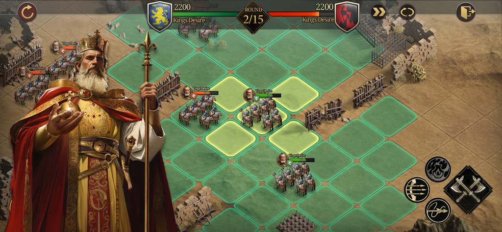 Grand War 4: Medieval Strategy - Tactical grid map gameplay in Grand War 4 Medieval Strategy showing a legendary king and cavalry units on a desert battlefield.