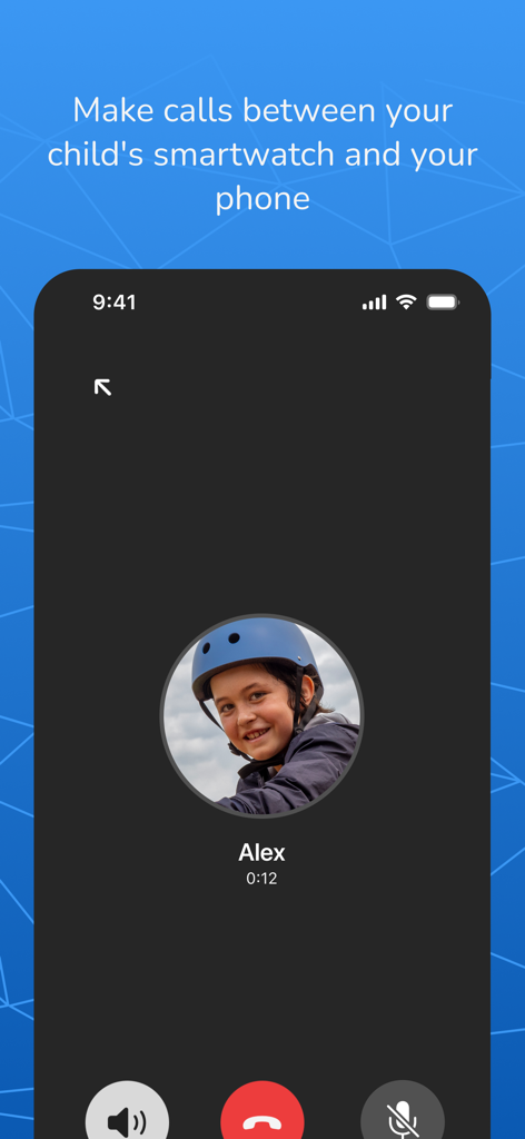 Interface of the Garmin Jr app showing an active voice call between a parent and their child