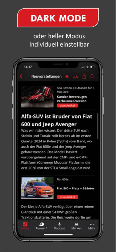 auto motor und sport News - Screenshot der Benutzeroberfläche der auto motor und sport News App im Dunkelmodus, der Artikel mit Automobil-Nachrichten zeigt