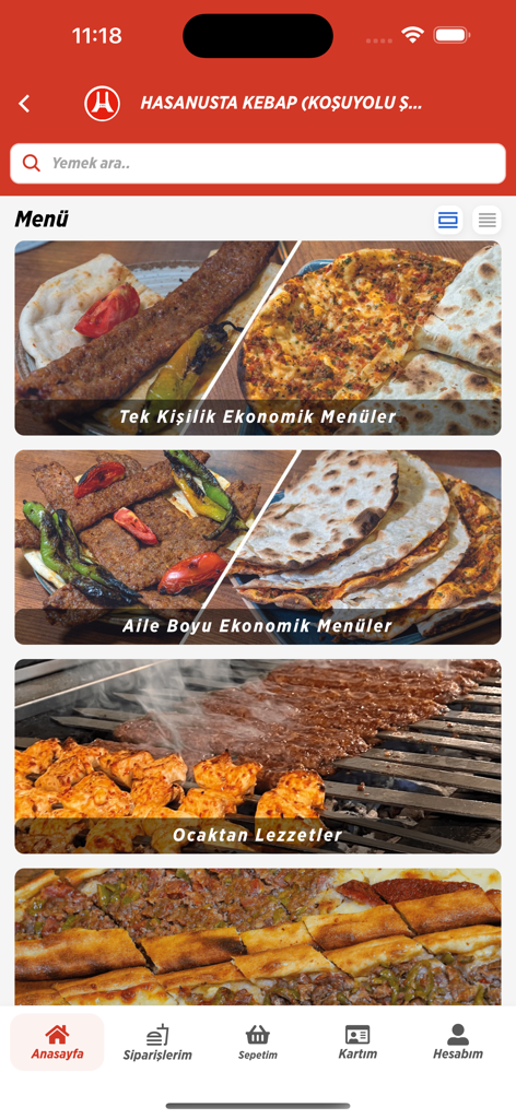 Hasan Usta Kebap & Izgara - Mobile app menu of Hasan Usta Kebap and Izgara displaying various Turkish meat and grill categories