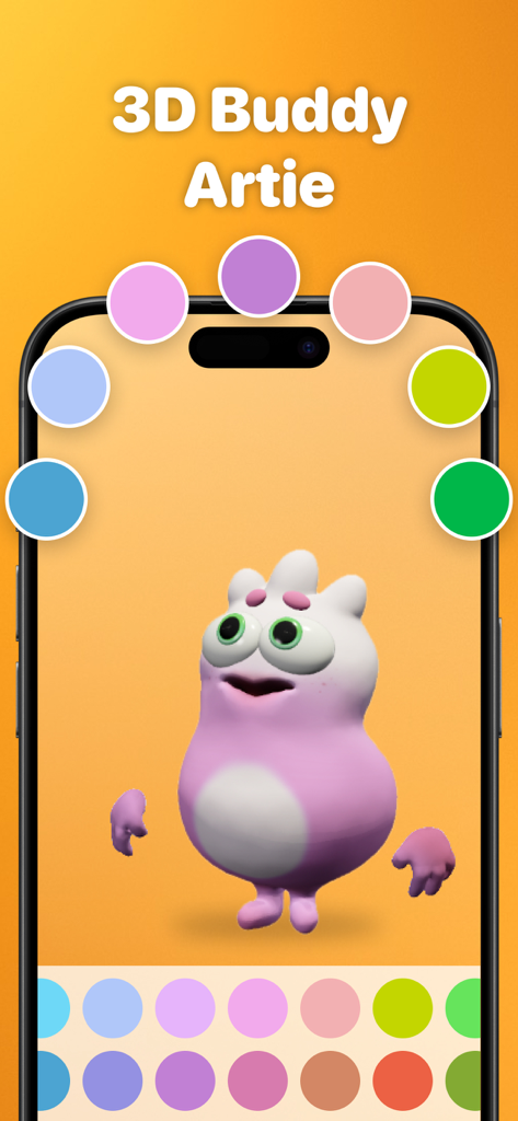 Times Tables, Math: Artie PRO - Un personaje 3D rosa llamado Artie rodeado por una paleta de colores en la interfaz de la aplicación de aprendizaje de matemáticas.