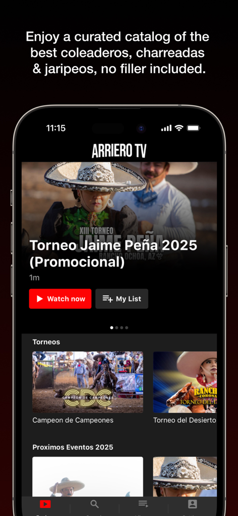 ArrieroTV - 멕시코 로데오 토너먼트 및 라이브 이벤트를 특징으로 하는 ArrieroTV 앱 인터페이스