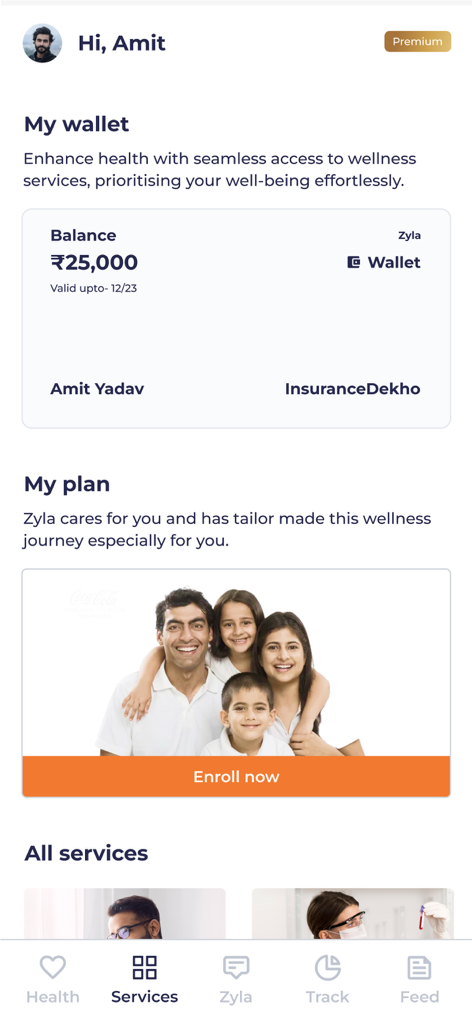 Benutzeroberfläche der Zyla App, die ein digitales Gesundheits-Wallet-Guthaben und die Einschreibung in einen personalisierten Familien-Wellnessplan anzeigt.
