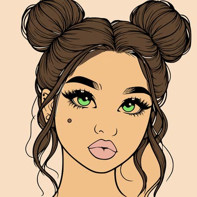 realistic girl with two buns on her hair and lips