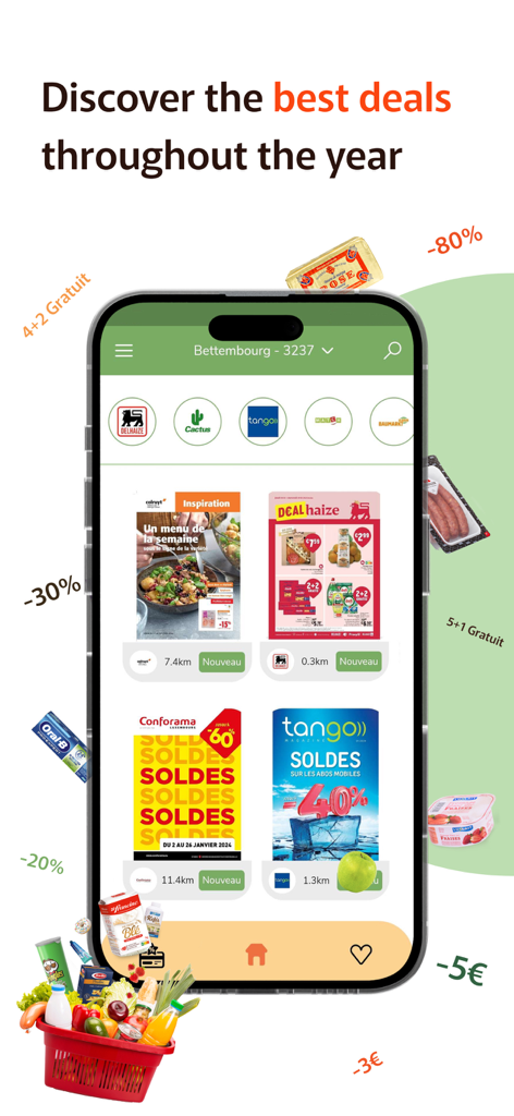 Biscuit - Teléfono inteligente mostrando la aplicación Biscuit con varios catálogos de tiendas digitales y descuentos
