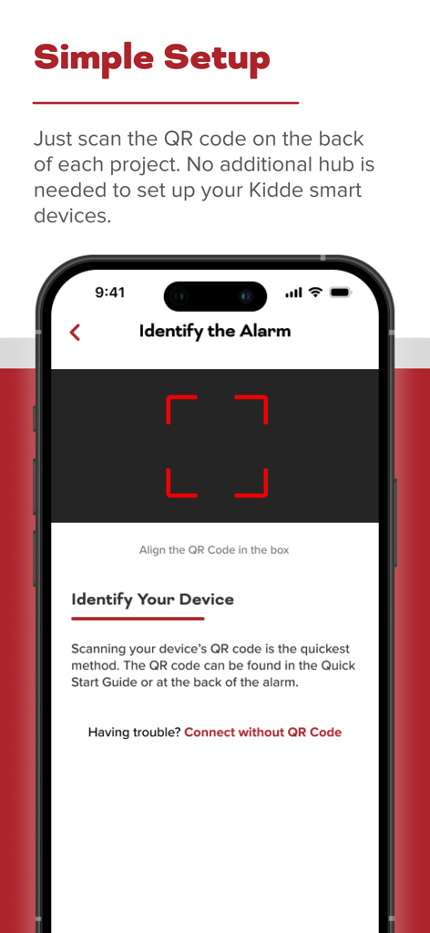 Kidde - Smartphone screen showing the Kidde app simple setup process using a QR code scanner to identify smart home devices.