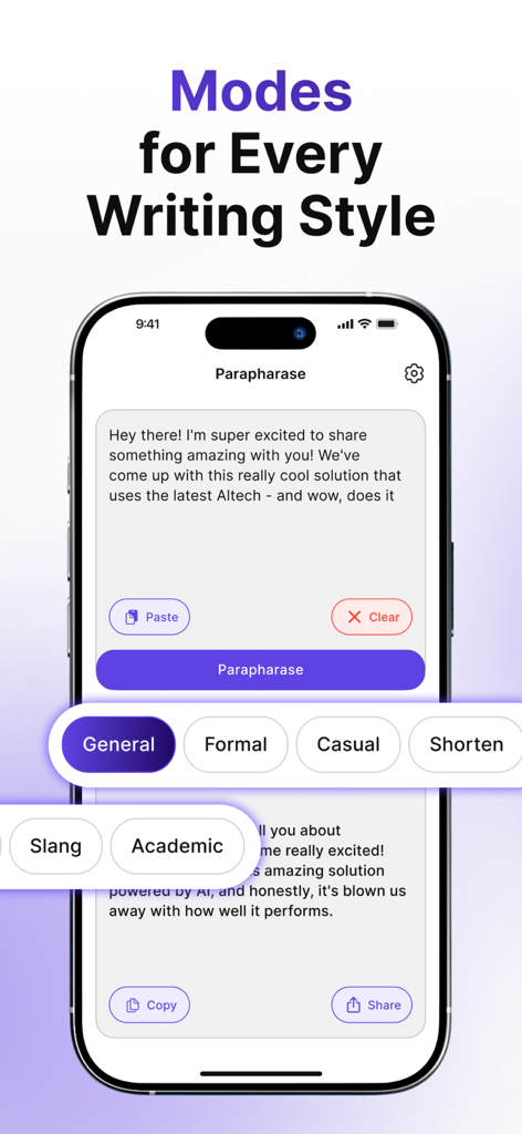 Reword & Paraphrase Tool - Interface de l'application mobile affichant les modes d'écriture IA, y compris formel, décontracté et académique