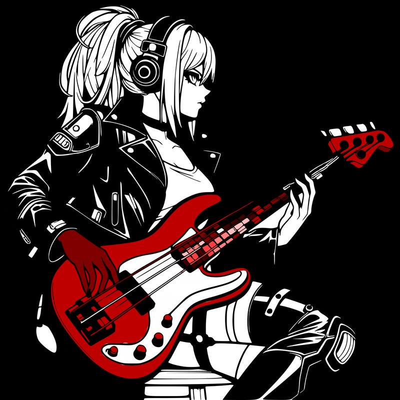 cyberpunk anime femme human in leather with a bass guitar