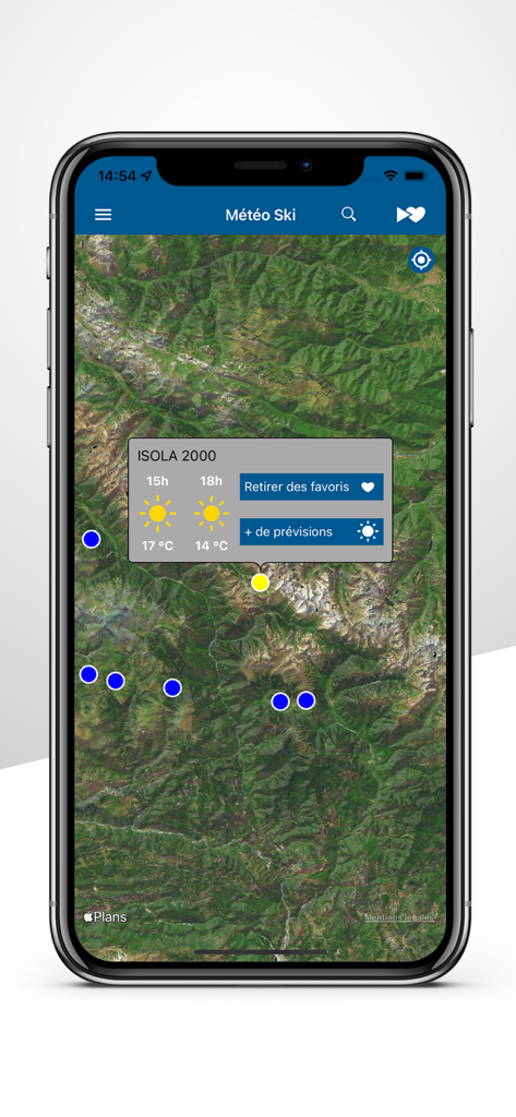 Météo-France Ski et Neige - Satellite map display showing weather forecasts for Isola 2000 ski resort in the Meteo-France Ski app