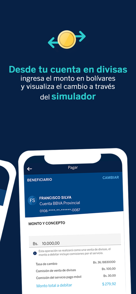 Mobile app screen showing currency conversion and payment in bolivares from a foreign currency account.