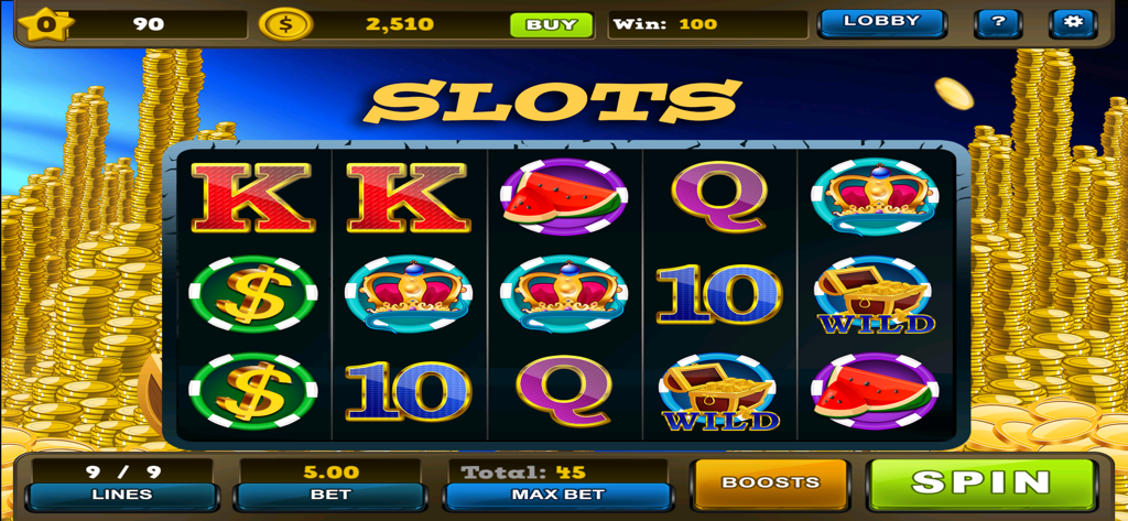 Lucky Slots Casino Game - Lucky Slots Casino game interface with classic slot symbols and gold coins background