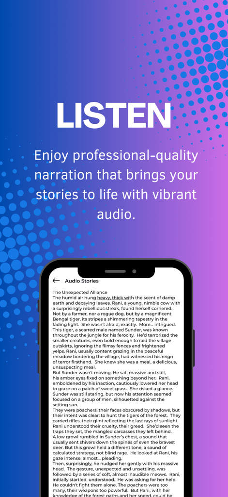 StoryVerse - AI Text To Story - Interfaz de la aplicación StoryVerse mostrando narración de audio de calidad profesional para historias generadas por IA.