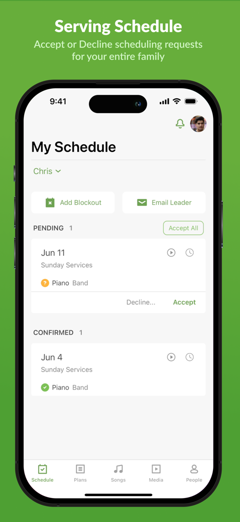 A church volunteer scheduling app interface showing pending and confirmed serving requests for Sunday services.