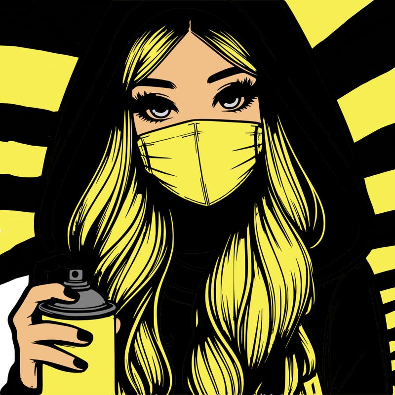 girl wearing a mask with long hair with her hood up spray-painting realistic