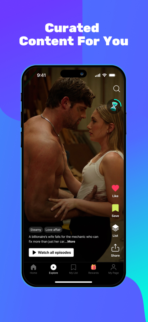 Vigloo - Premier Short Dramas - Interfaz de la app móvil Vigloo mostrando una escena de una serie de drama corto romántico con opciones para dar me gusta, guardar y compartir.