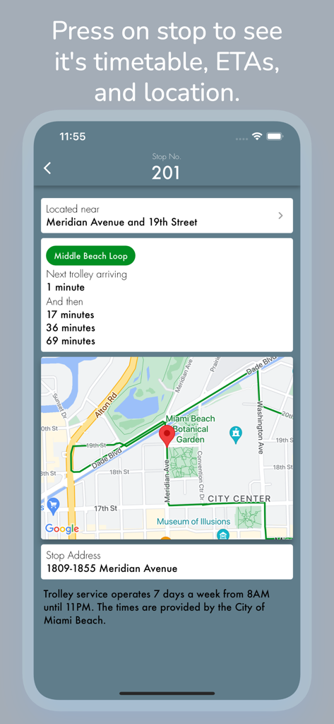 Miami Beach Trolley Tracker App Benutzeroberfläche mit Echtzeit-Ankunftszeiten und einem Kartenstandort für die Haltestelle Middle Beach Loop an der Meridian Avenue
