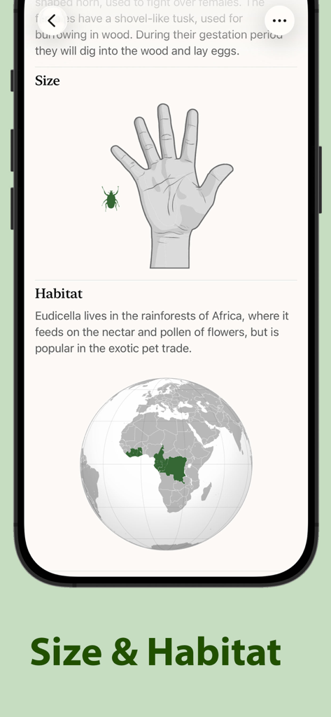 Insecta - Bug Identifier - Insecta app screen showing bug size comparison and habitat map