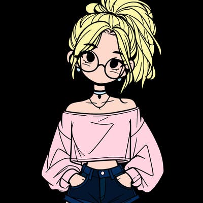 girl with a messy ponytail glasses a baggy crop top and jean shorts