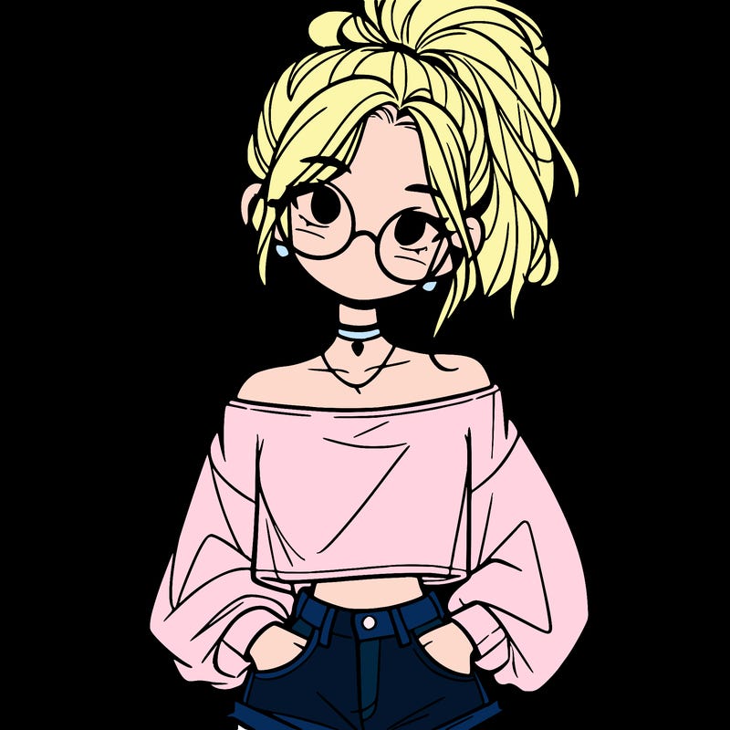 girl with a messy ponytail glasses a baggy crop top and jean shorts