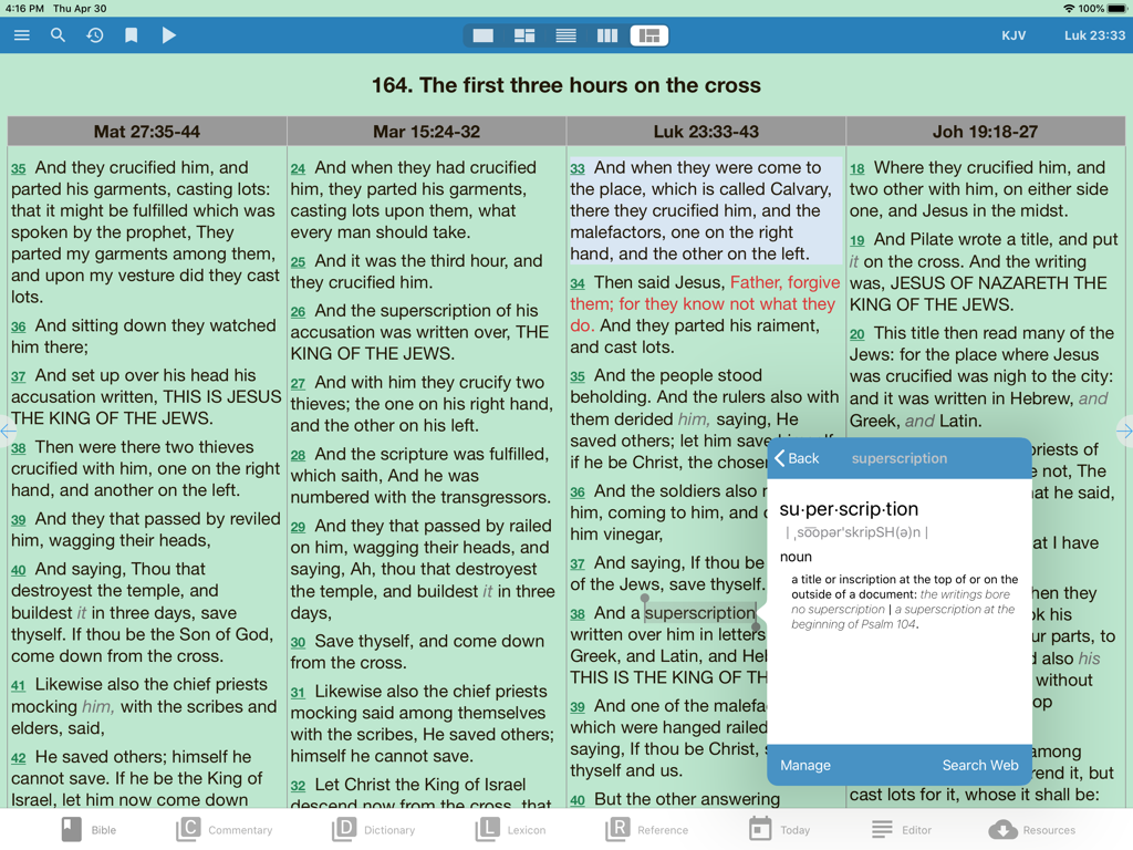 Interfaz de la aplicación e-Sword HD para iPad mostrando cuatro versiones paralelas de la Biblia y una ventana emergente de definición de palabras.