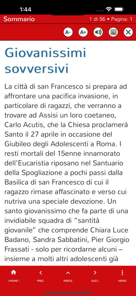 San Francesco Digitale - Reading interface of the San Francesco Digitale religious news app showing an article in Italian