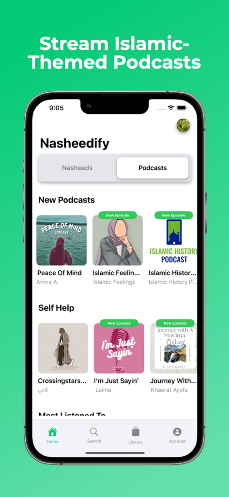 Nasheedify - 이슬람 테마 팟캐스트와 엄선된 자기 계발 오디오 재생 목록을 보여주는 Nasheedify 앱 화면