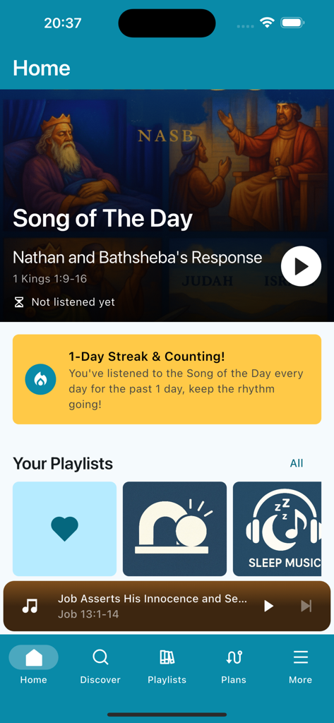 Music Bible: Scripture Songs - Home interface of the Music Bible app displaying the Song of the Day and Scripture playlists