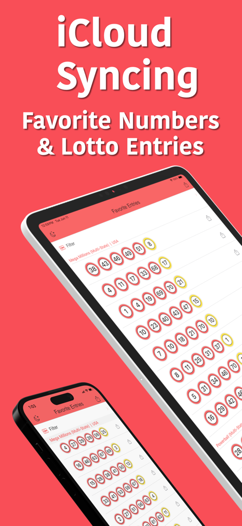 LottoPick: Lotto Number Picker - LottoPick app interface showing iCloud synchronization of favorite numbers across iPhone and iPad