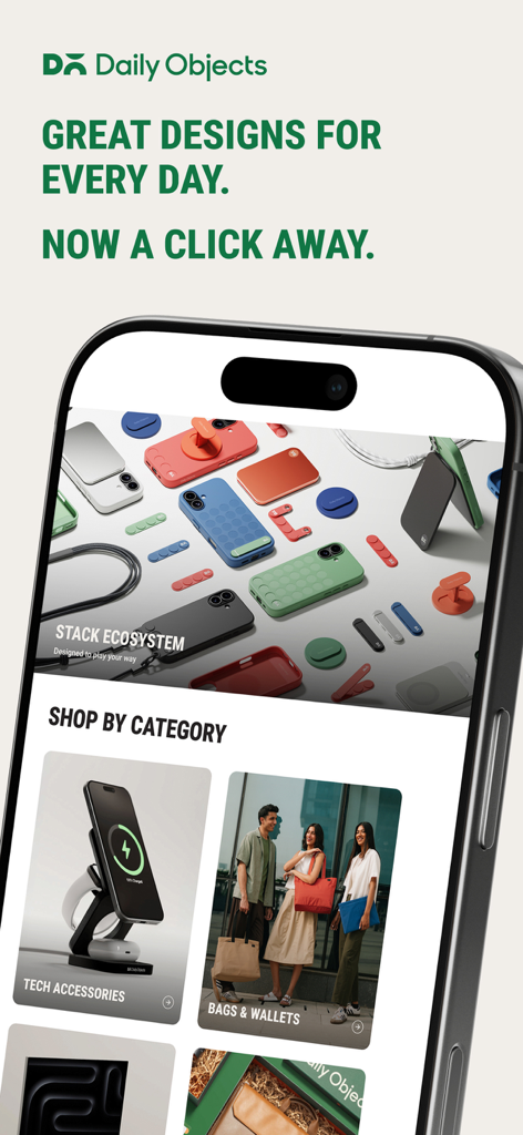 DailyObjects mobile app homepage displaying designer tech accessories and shopping categories