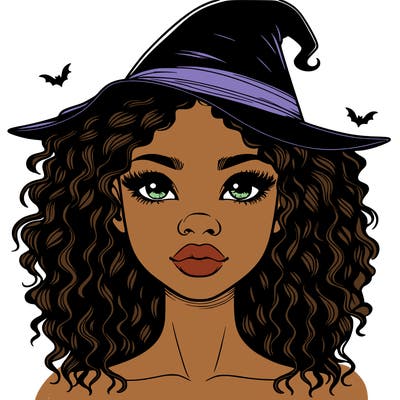 realistic black girl with wavy hair and witch hat and nose and lips