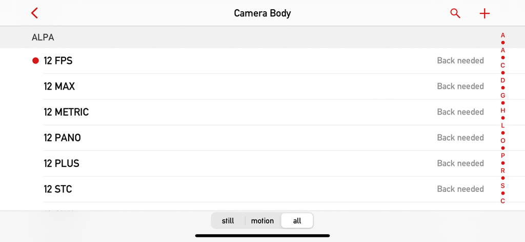 Mark II Artist's Viewfinder - Selection screen for ALPA camera bodies in the Mark II Artist Viewfinder app database