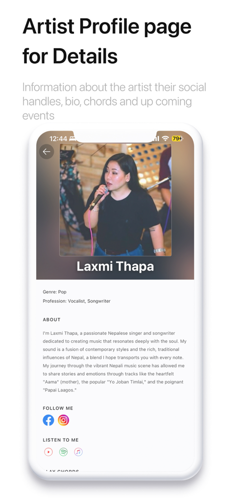 ChordPedia: Guitar Chords - Artist profile screen in the ChordPedia app for Laxmi Thapa featuring her biography and social media links