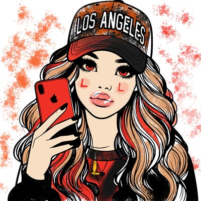 realistic beautiful girl wearing los ángeles cap holding an iphone
