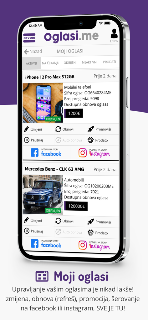 Oglasi - User dashboard in the Oglasi.me app for managing and sharing classified ads like cars and electronics