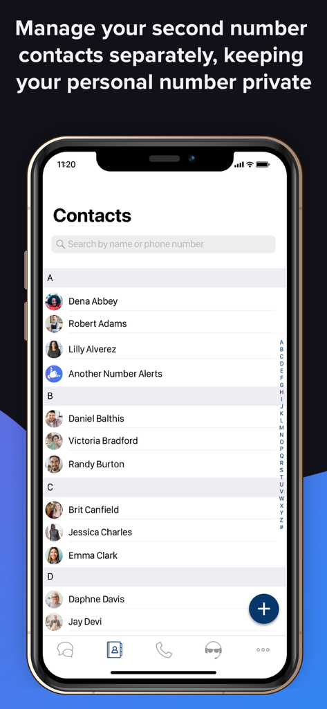 Another Number - Interfaz de la aplicación Another Number que muestra una lista de contactos para gestionar un segundo número de teléfono por separado de los contactos personales.