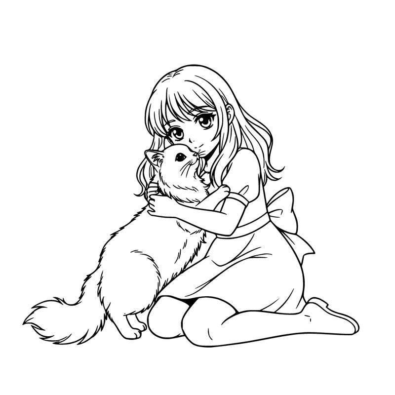 a cute anime girl about 10 years old hugging her cute siamese ragdoll kitty
