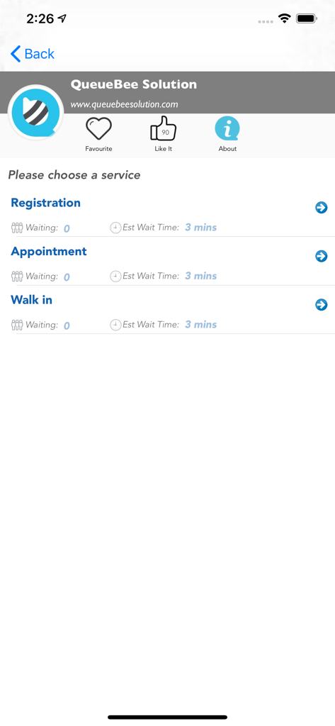 QueueBee - QueueBee mobile app interface showing service options for registration and appointments with estimated wait times