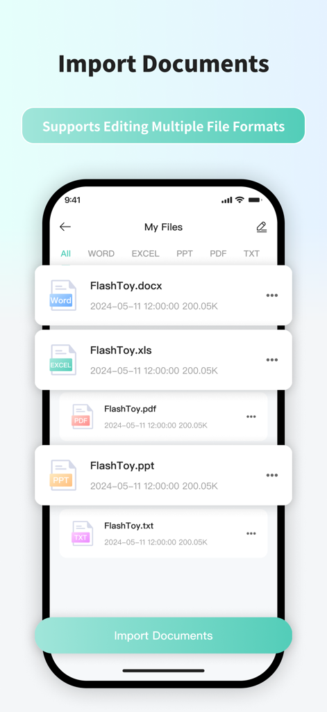 Pantalla de la aplicación FlashToy que muestra opciones de importación de documentos para varios formatos de archivo, incluyendo Word, Excel, PDF y PPT, para crear pegatinas de tatuajes personalizadas.