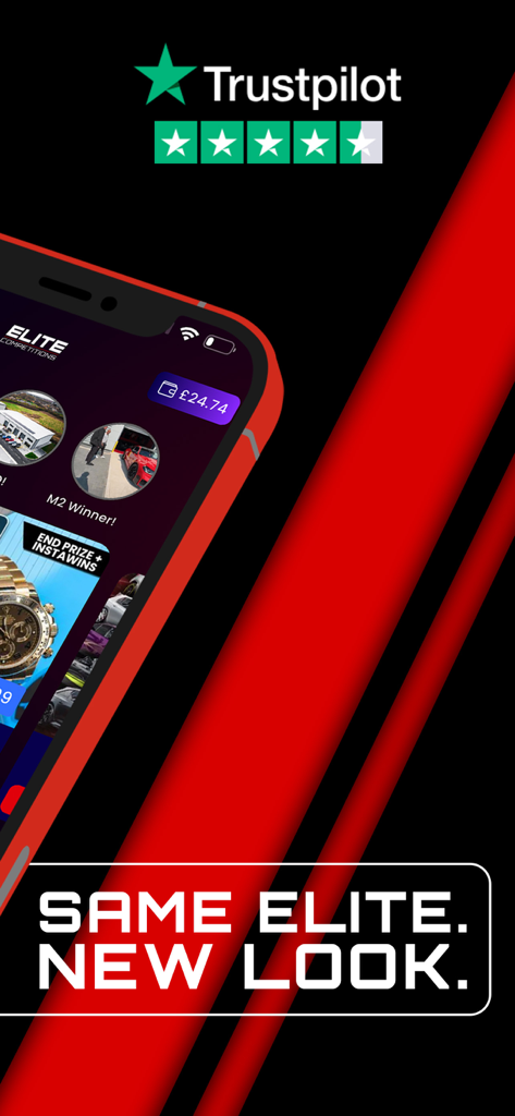 Elite Competitions - Interface da aplicação Elite Competitions mostrando a classificação no Trustpilot e prémios de luxo