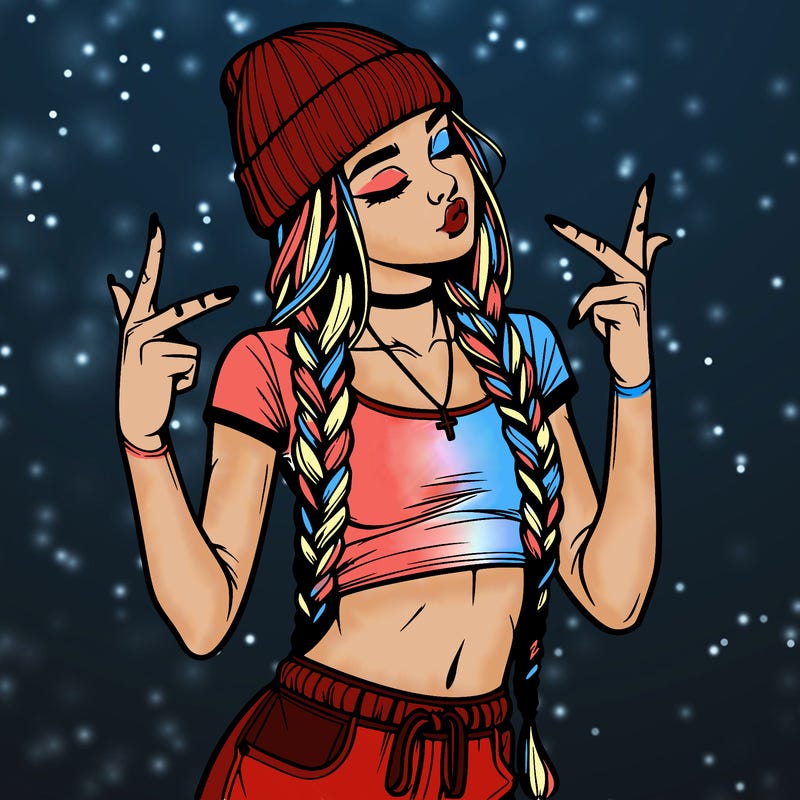 realistic teenage girl with braids and a beanie and crop top doing 🫶🏼
