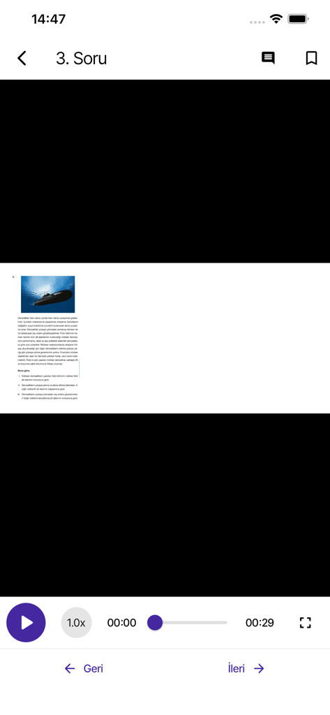 Apotemi Açık Kitap - Video solution interface in the Apotemi Acik Kitap app showing a physics question about a submarine