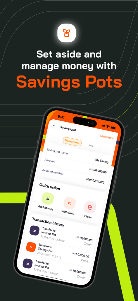 Interface de l'application FriMi montrant comment mettre de l'argent de côté et le gérer avec des pots d'épargne.