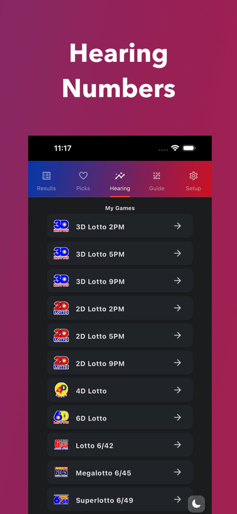 PCSO Lotto Results Guide Live - 3Dおよび2D抽選を含むさまざまなPCSOロトゲームをリストするヒアリングセクションのインターフェイス