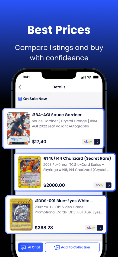 Mobile app screen showing real-time market prices for sports cards and Pokémon TCG cards with eBay integration.