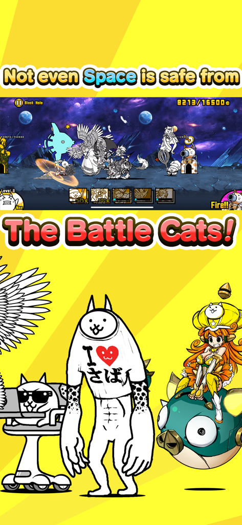 The Battle Cats - Gameplay-Screenshot von The Battle Cats, der einen Kampf im Weltraum mit seltsam süßen Katzencharakteren zeigt.
