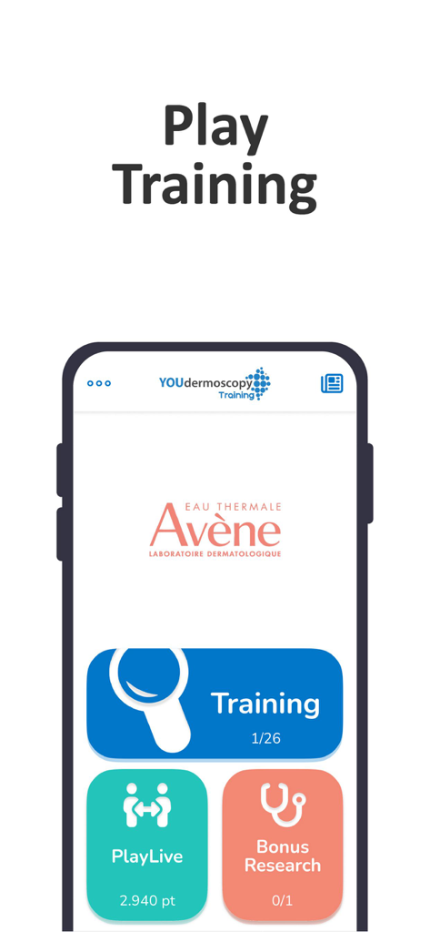 YOUdermoscopy - Pantalla de inicio de la aplicación YOUdermoscopy con botones de entrenamiento, Play Live e investigación adicional