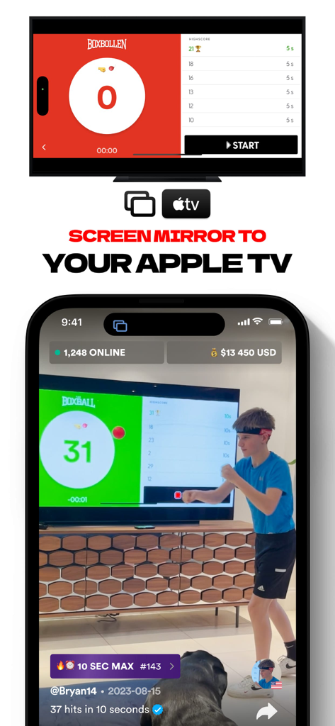 Un niño jugando Boxbollen con el juego reflejado en un Apple TV en una sala de estar
